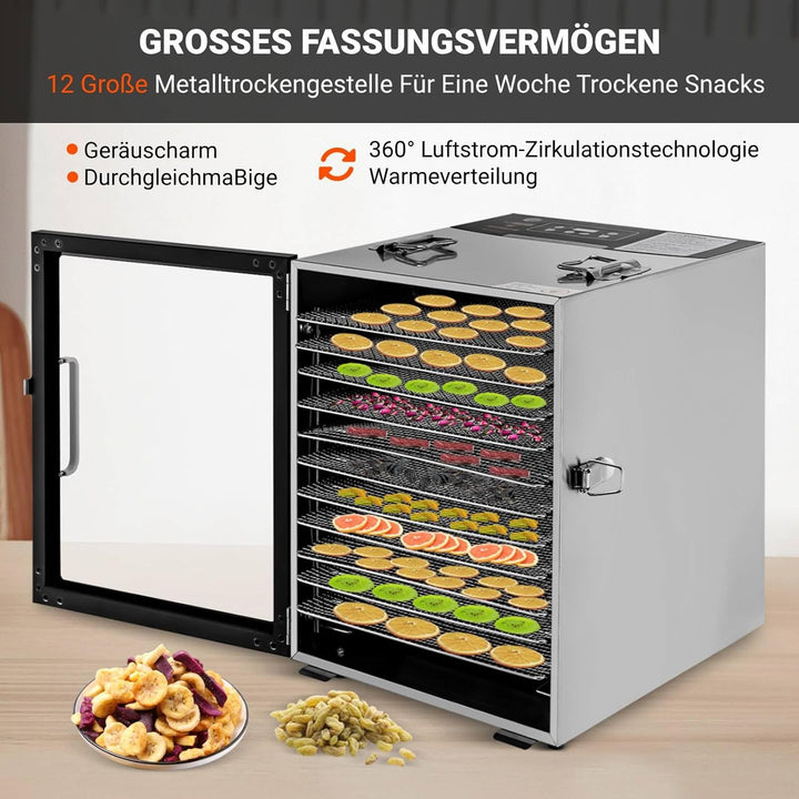 Dörrautomat Edelstahl mit 12 Edelstahlgitter, 800W Dehydrator Food mit 30-80℃ Temperaturregelung & 2