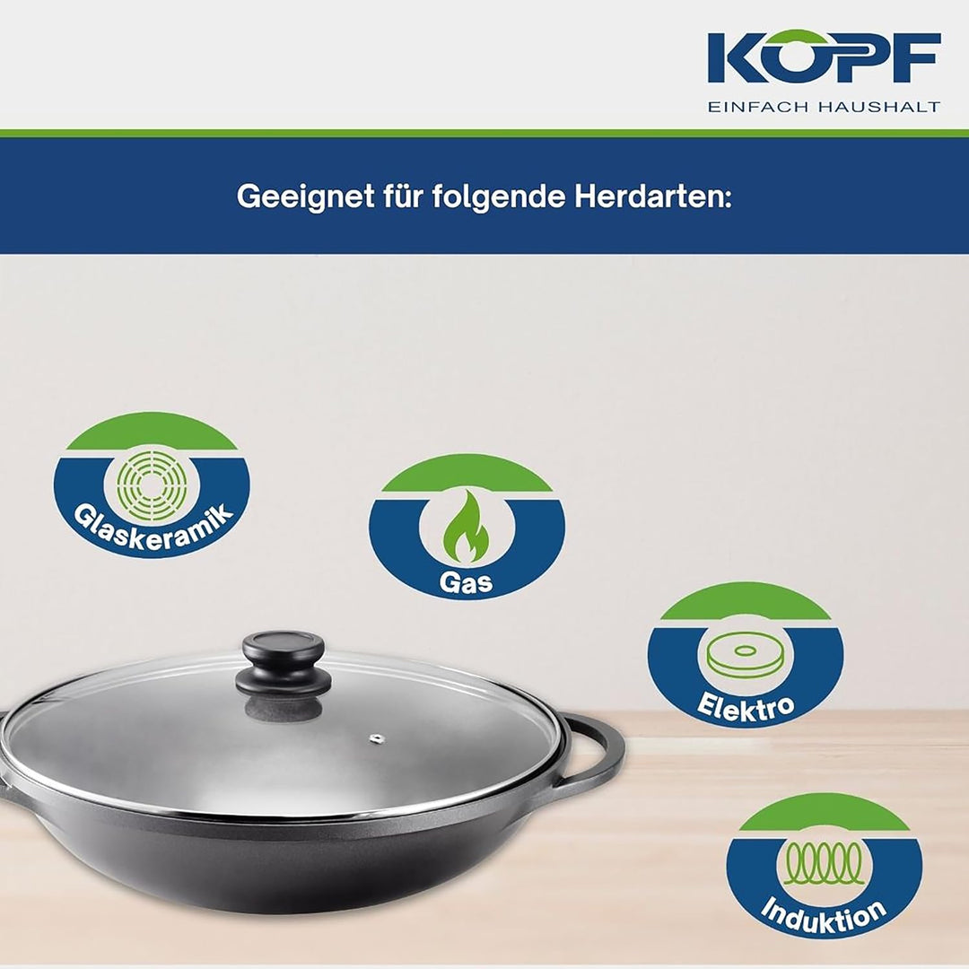 Kopf Wok Mai-Lu (Aluguss, Ø 36 cm, Induktion, ILAG Antihaftbeschichtung, inkl. Glasdeckel und Zubehö