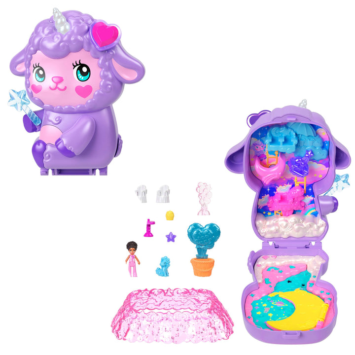 Polly Pocket Puppen und Spielset, Traumland-Schatulle in Lammform, Reisespielzeug mit 1 Minipuppe, H