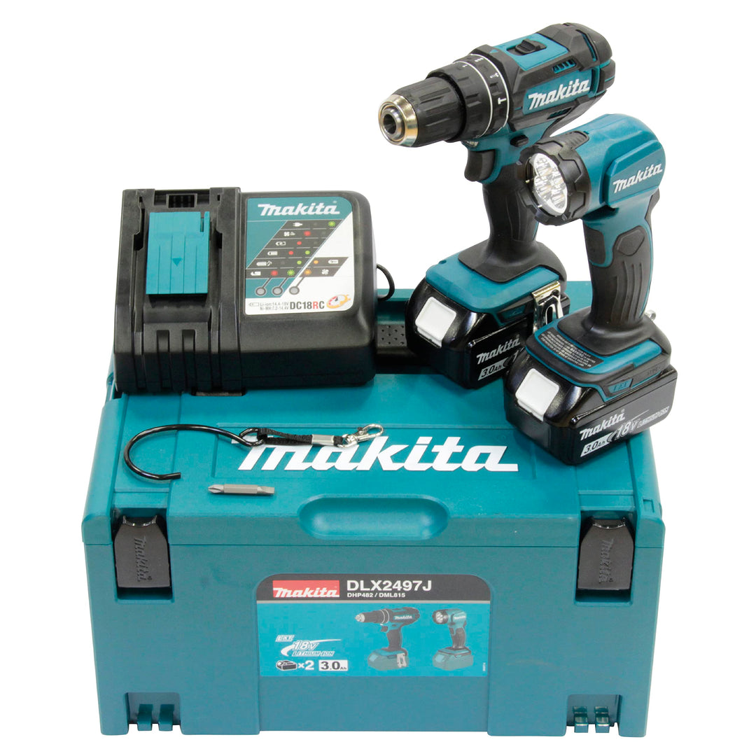 Makita DLX2497J Akku-Kombo-Kit 18V (DHP482 + DML815) / 3, 0 Ah, 2 Akkus Ladegerät im MAKPAC, Schwarz
