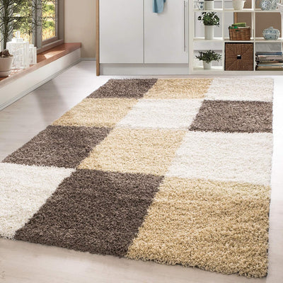 HomebyHome Teppich Wohnzimmer Shaggy Hochflor Mocca Läufer 80x250 cm Kariert Läufer Flur - Flauschig