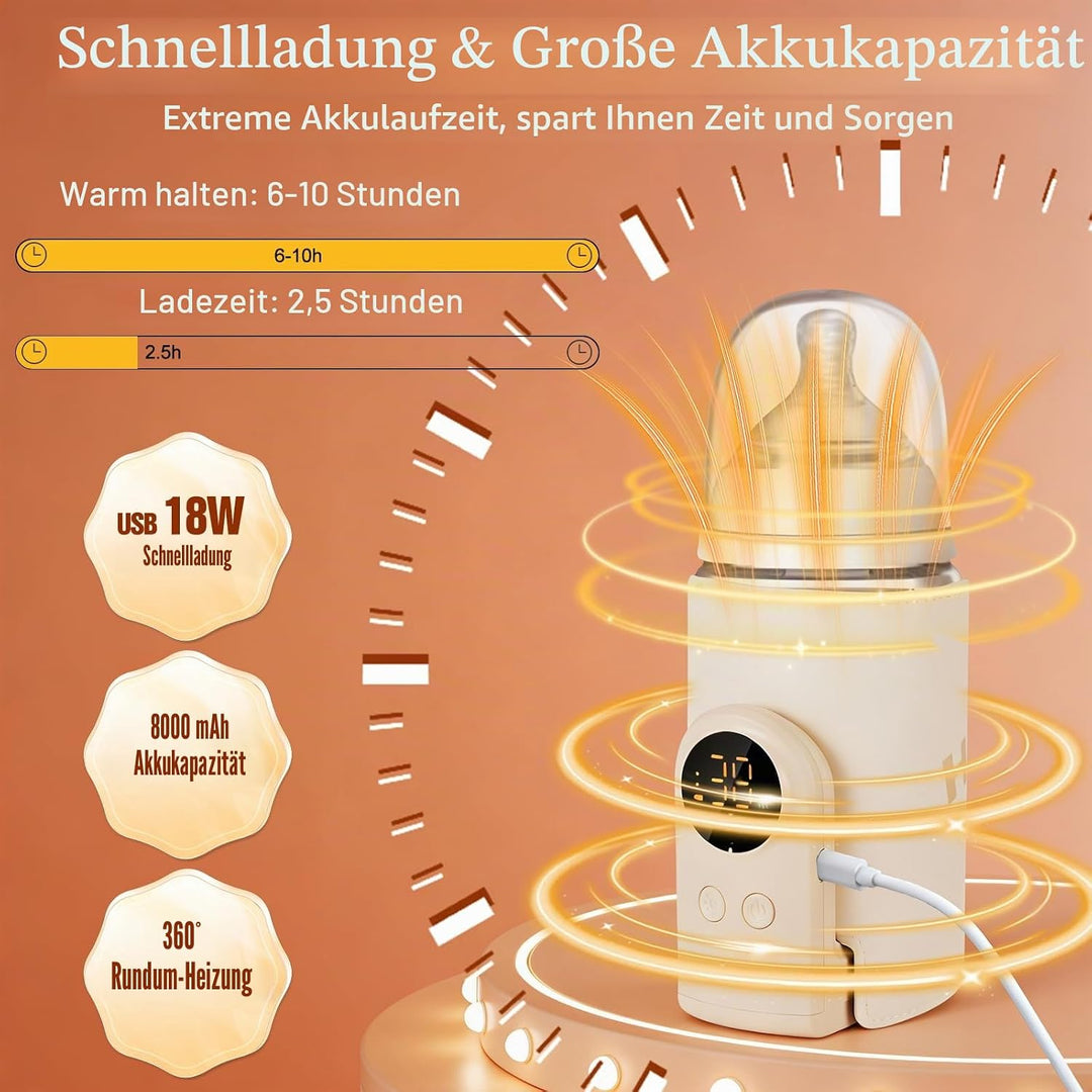 Flaschenwärmer Baby mit 6-Temperaturstufen (38°C-50°C), Tragbarer Flaschenwärmer Akku mit LCD-Displa