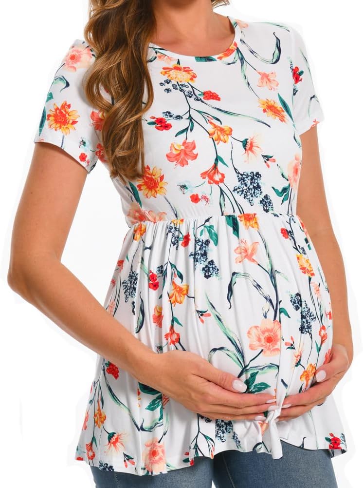 Bearsland Maternity Tops Short Sleeve Scoop Neck Breastfeeding T-Shirt Pregnancy Clothes S Grün & He