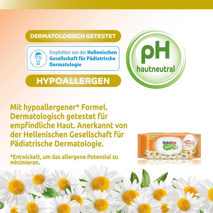 Babylino Sensitive Baby Tücher mit sanftem Kamille-Duft, 98% natürliche Formel, die den pH-Wert der