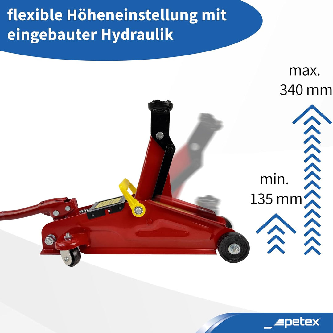 PETEX Rangierwagenheber, 2 T, hydraulisch + 2X Unterstellböcke, höhenverstellbar und faltbar, 2 T, r