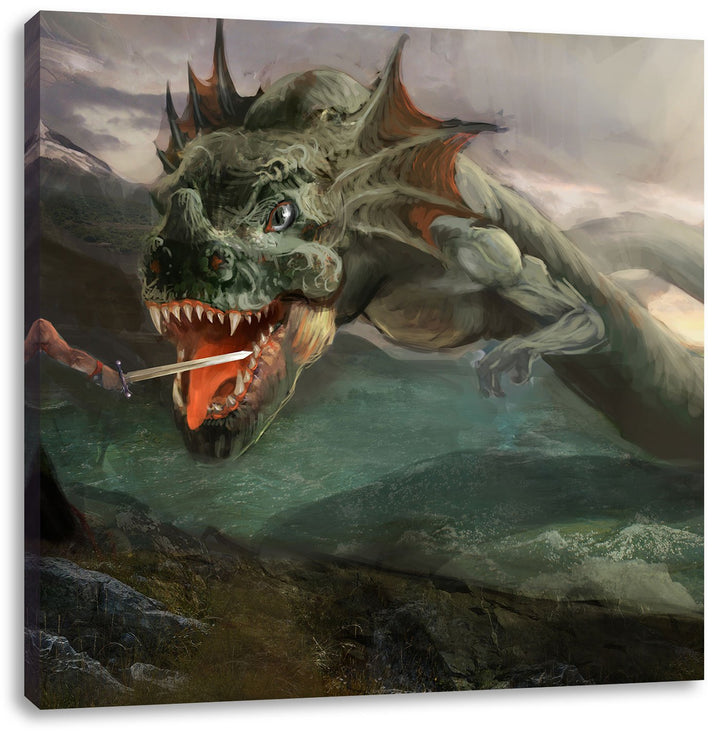 Pixxprint Drache kämpft gegen Krieger als Leinwandbild/Grösse: 70x70 cm/Wandbild/Kunstdruck/fertig b