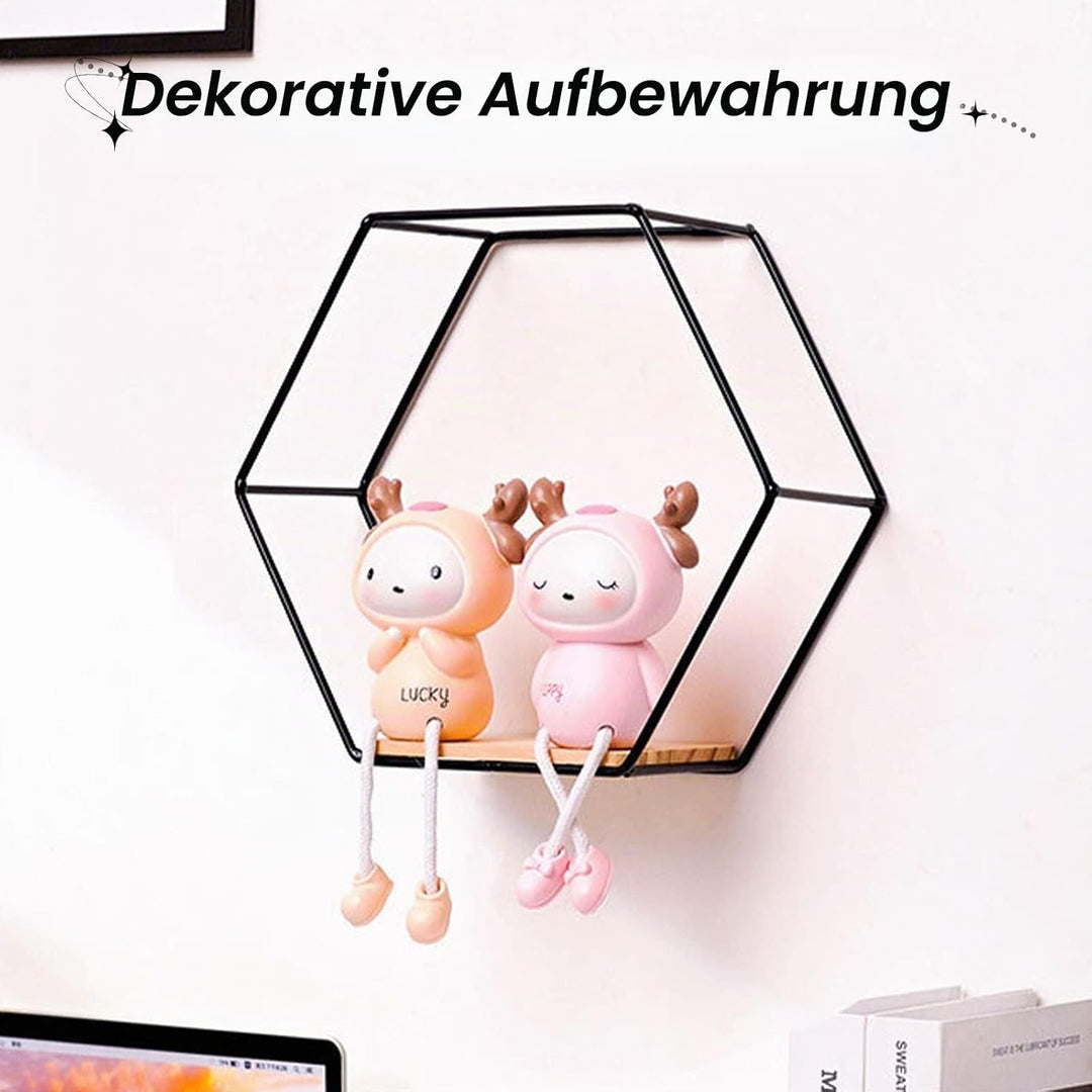 Hexagon Wandregal Ablage aus Holz Metall, 5 Grössen Hängeregal Schweberegal Gitterregal Wanddeko Dek