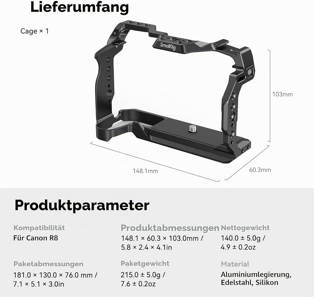 SMALLRIG Cage für Canon R8, Kamerakäfig mit 1/4"-20 Gewindelöchern, 3/8"-16 Positionierungslöchern f