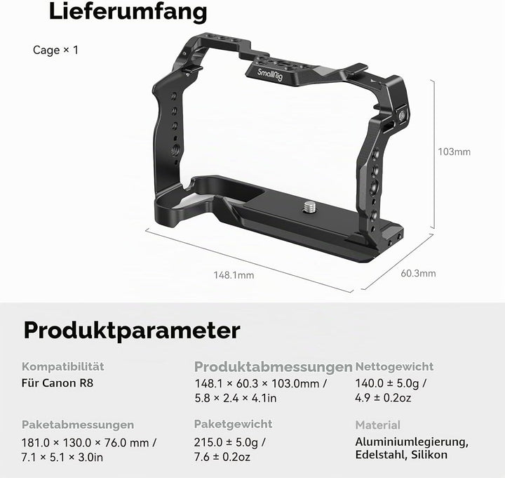 SMALLRIG Cage für Canon R8, Kamerakäfig mit 1/4"-20 Gewindelöchern, 3/8"-16 Positionierungslöchern f