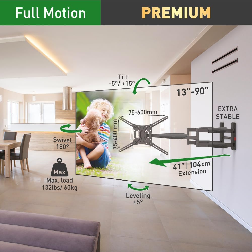 Barkan 104cm Lange TV Wandhalterung, 13-90 Zoll Doppelarm, Schwenkbar/Vollbewegung luxuriösen TV Hal