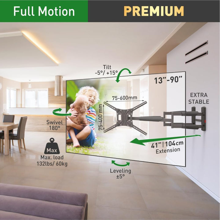 Barkan 104cm Lange TV Wandhalterung, 13-90 Zoll Doppelarm, Schwenkbar/Vollbewegung luxuriösen TV Hal