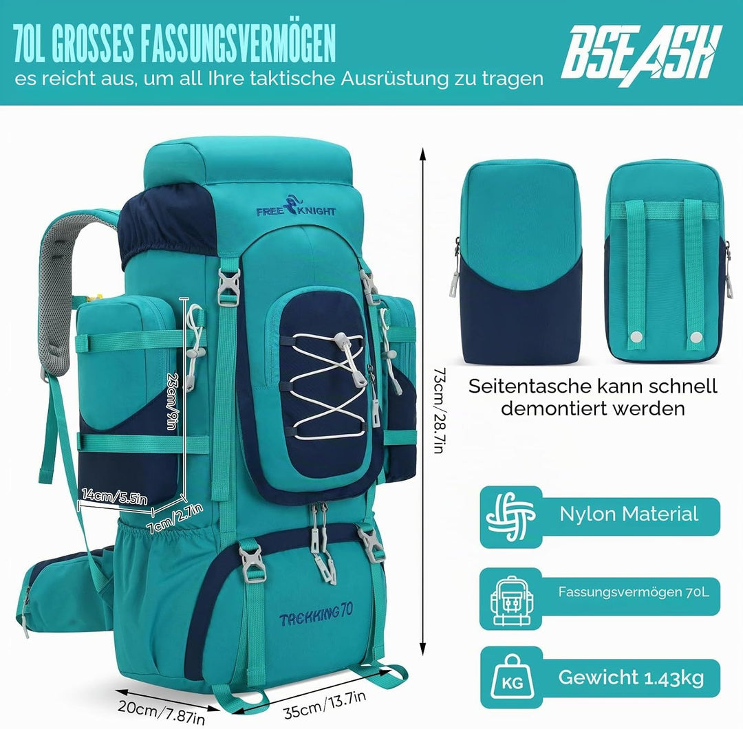 Bseash 70L (65+5) Wasserdichter Wanderrucksack mit Regenschutz, Outdoor-Sport, Reisen, Tagesrucksack