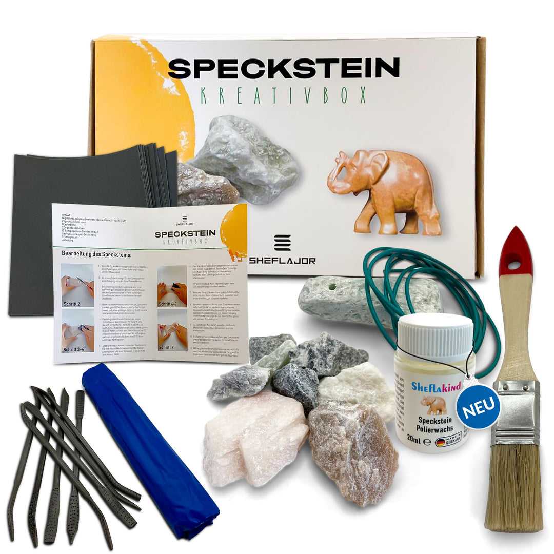 Sheflajor Speckstein Set: 1kg Speckstein / 8 Raspeln / 12 Schleifpapier / Flachpinsel / inklusive An