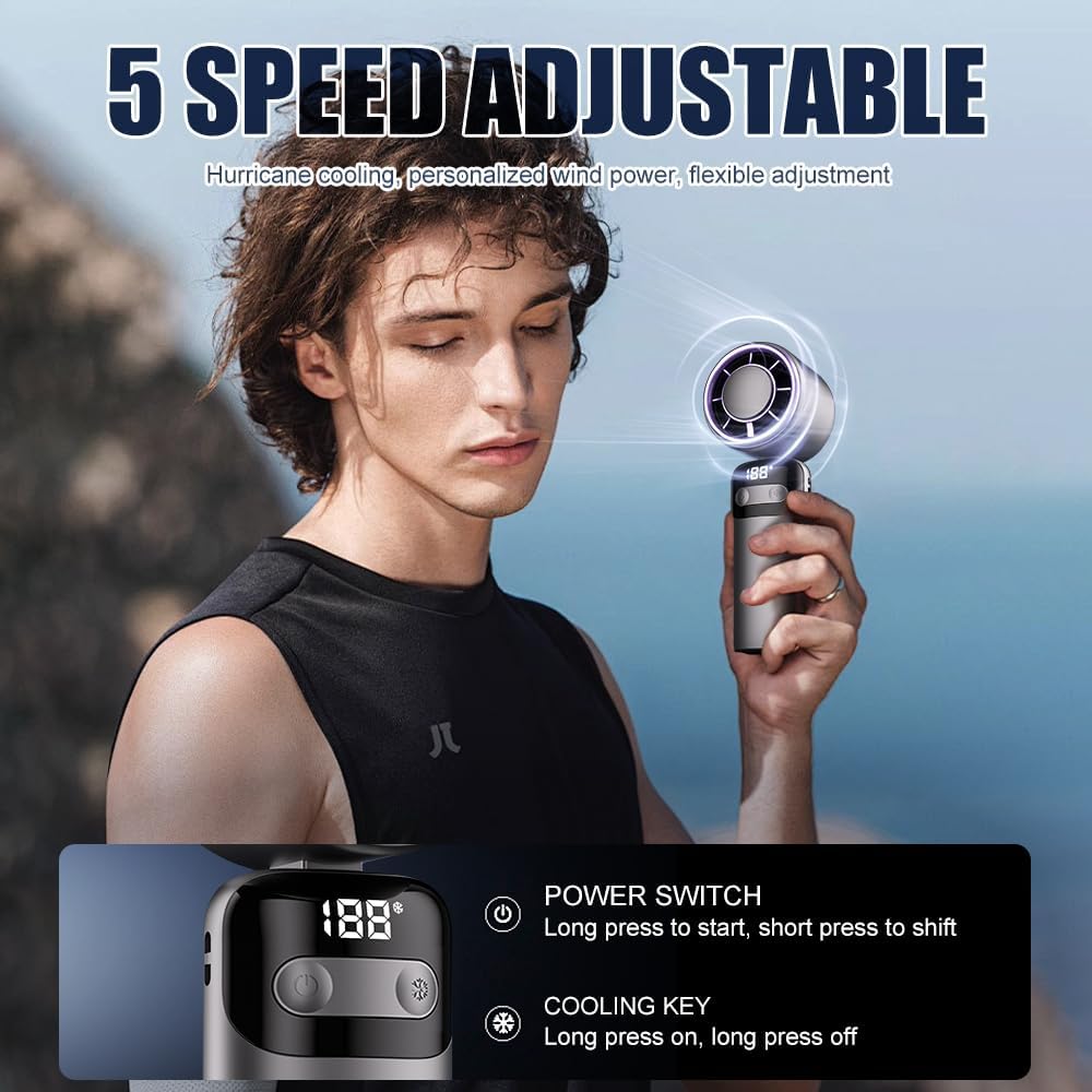 Bseical Handventilator Akku Aufladbar, 180° Faltbarer Turbo Mini Ventilator Hand USB, 5 Stufen, Mini