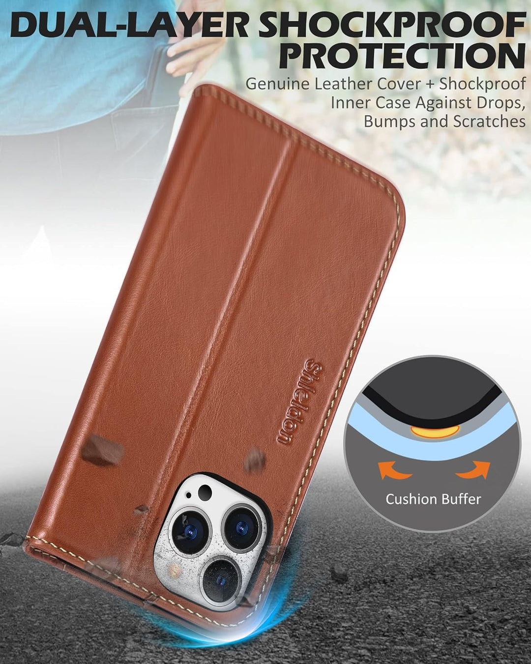 SHIELDON Hülle für iPhone 13 Pro Max Handyhülle TPU [Echtleder] [Kartenfach] [Magnet] [Standfunktion