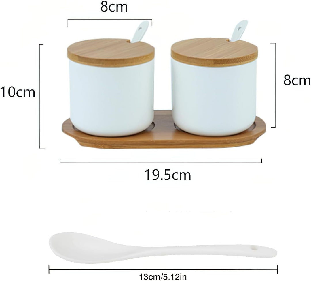 Keramische Zuckerdose mit Deckel und Löffel aus Bambus (Zwei weiss), Weiss