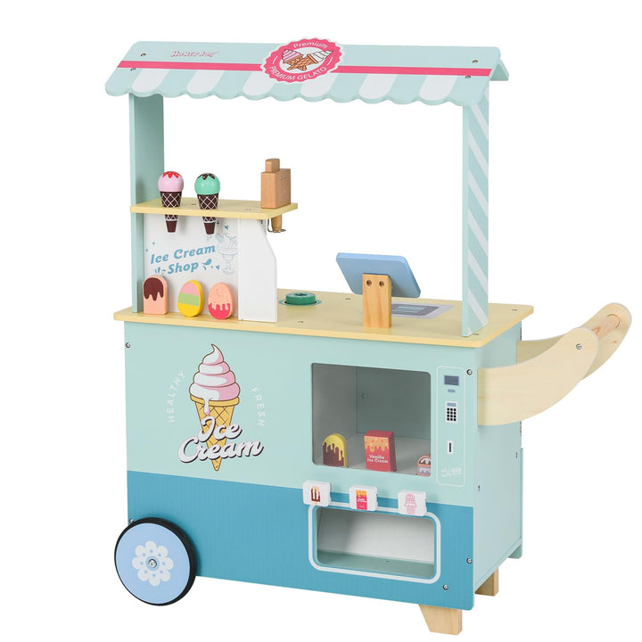 DREAMADE Kinder Eiswagen mit 15 Zubehör, Kaufladen aus Holz mit 2 Rädern &amp; Markise, Eisstand Einkauf