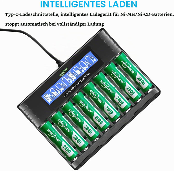 2800mAh NI-MH AA Batterie mit Ladegerät,SUNLYTOUR 8 Stück 2800mAh AA NI-MH Batterien mit 8 Slots AAA
