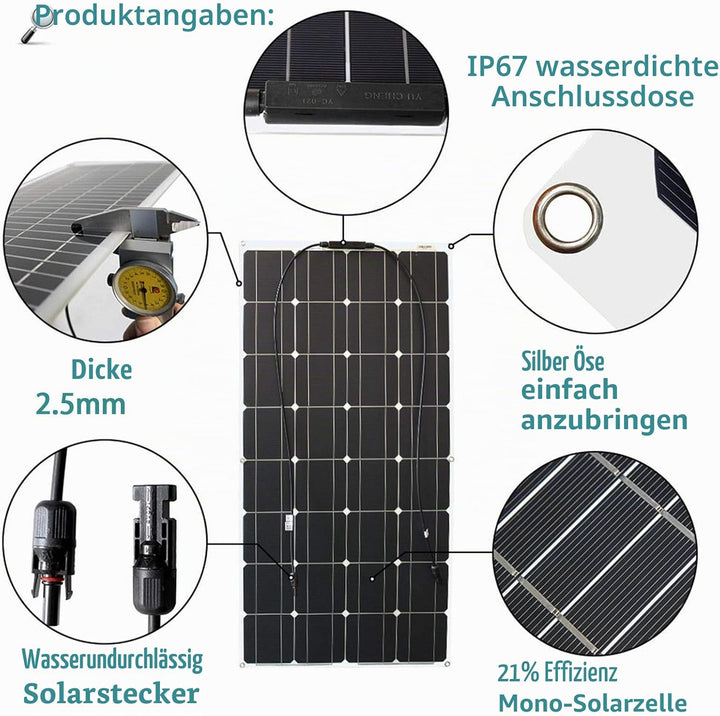 100W 12V Solarpanel Kit Flexible Monokristalline Solarpanel mit 10A Solarladeregler und 3m Solarkabe