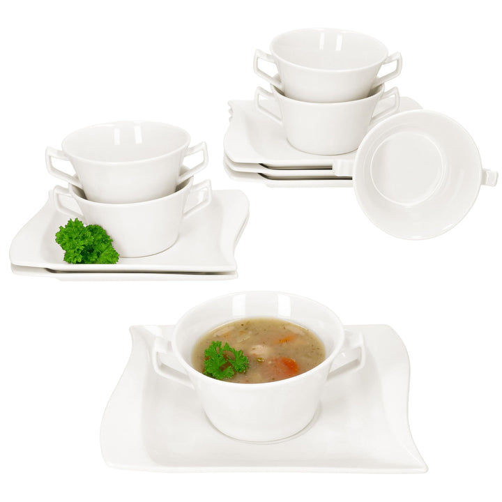 MamboCat 6er Set Ivory Suppentasse 200 ml mit Untertassen I elfenbeinweisse Porzellan-Suppenterrine