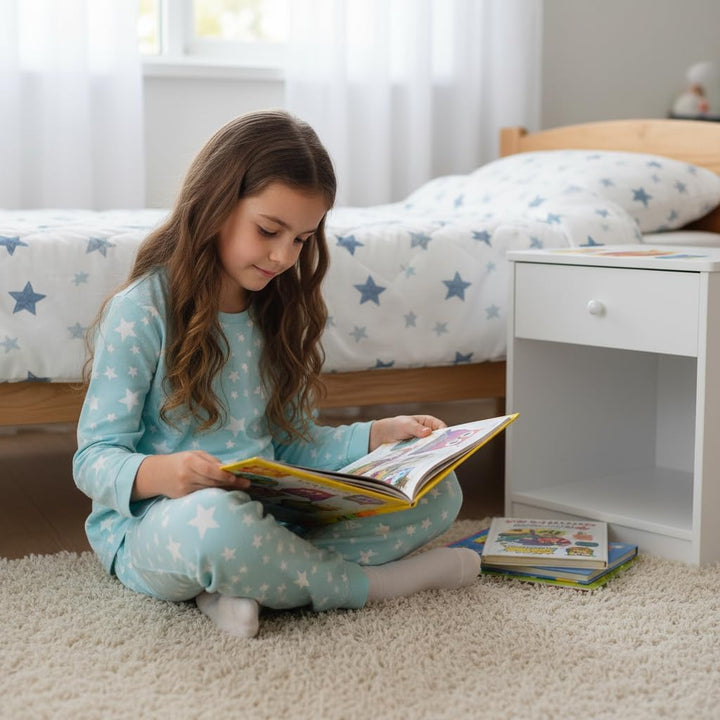 Leomark Nachttisch aus Holz - Eulen - Nachtschränkchen mit Schublade, Nachtschrank für Kinder, Weiss