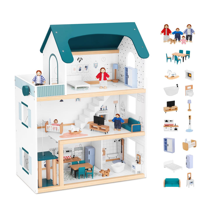 OOOK Puppenhaus Holz mit Hebbarer Aufzug, Puppenhaus Gross ab 3 Jahren Mädchen, Doll House for Girls
