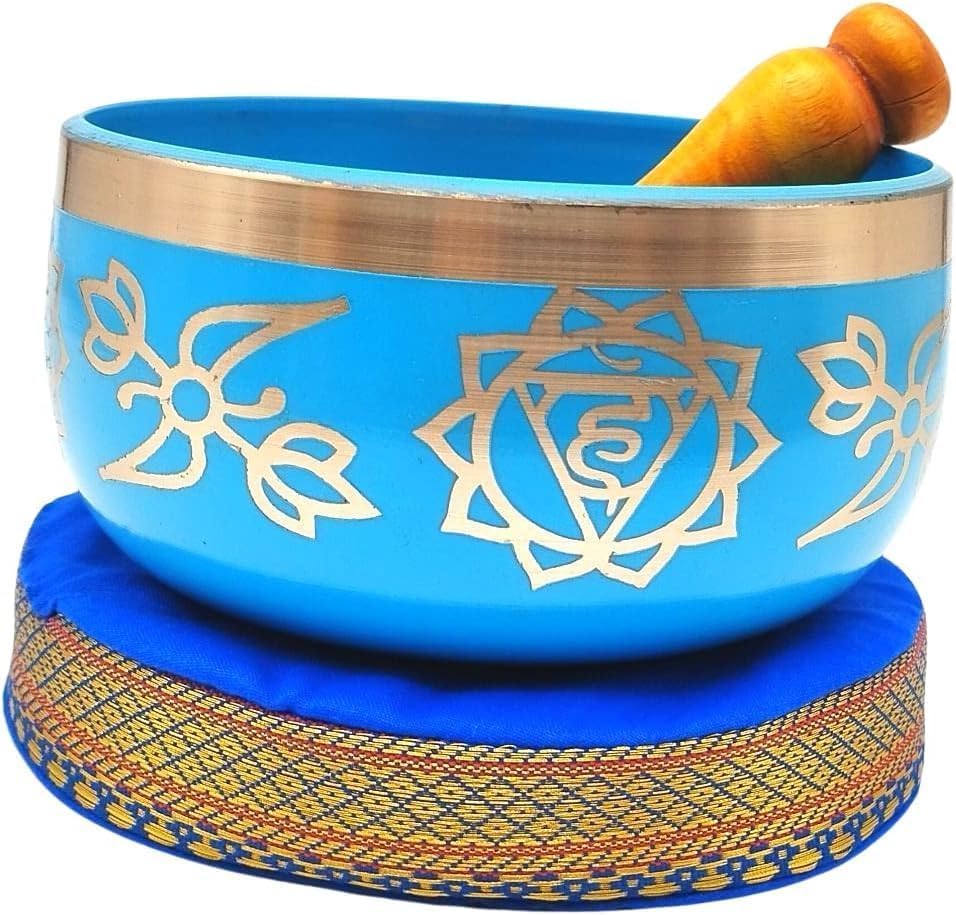 Tibetan Himmelblau Singing Bowl Set mit Klöppel & Kissen - Handgefertigte Klangschale für Meditation