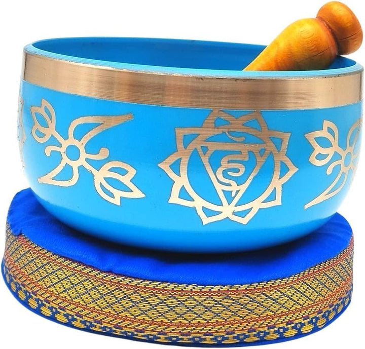 Tibetan Himmelblau Singing Bowl Set mit Klöppel & Kissen - Handgefertigte Klangschale für Meditation