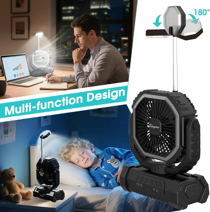 Camping Ventilator 20000mAh, Wiederaufladbarer Tischventilator USB Ventilator mit LED Licht & Haken,