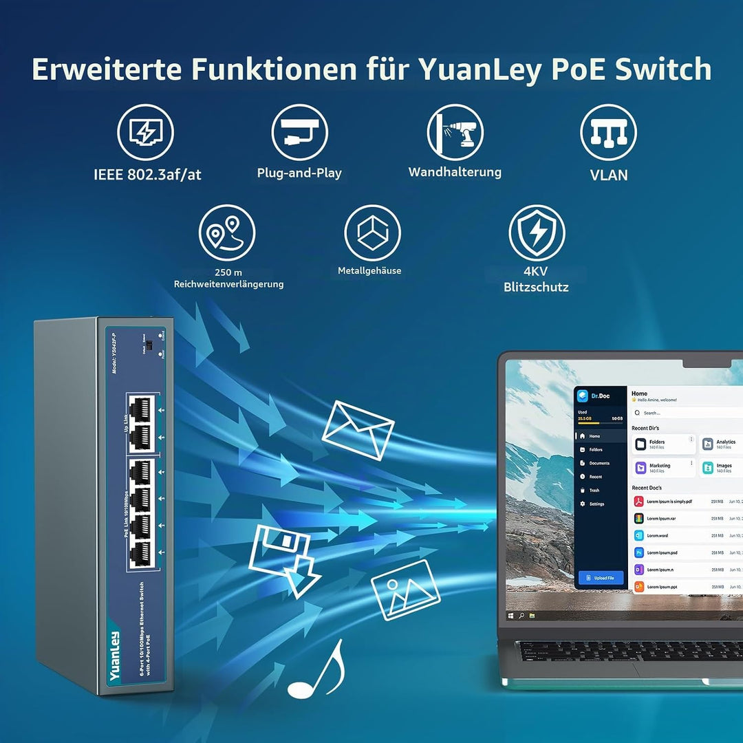 YuanLey 6 Port PoE Switch with 4 Port PoE+, 802.3af/at 78W Built-in Power, Fanless Metal Unmanaged P