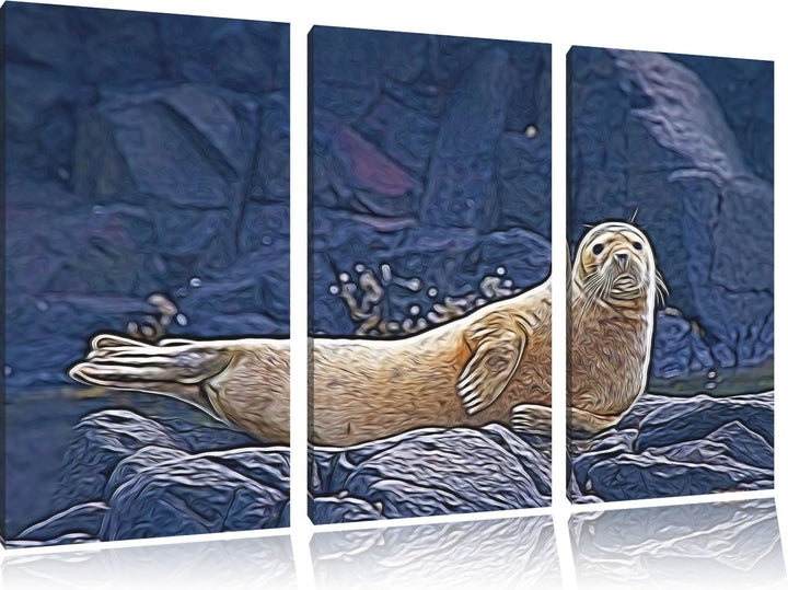 Robbe entspannt auf Felsen NewArt 3-Teiler Leinwandbild 120x80 Bild auf Leinwand, XXL riesige Bilder