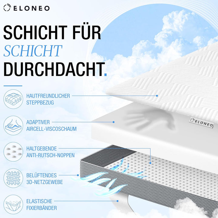 ELONEO Viscoelastischer Matratzen Topper 80x190cm, Matratzentopper mit Memory Foam Effekt, 4 cm Höhe