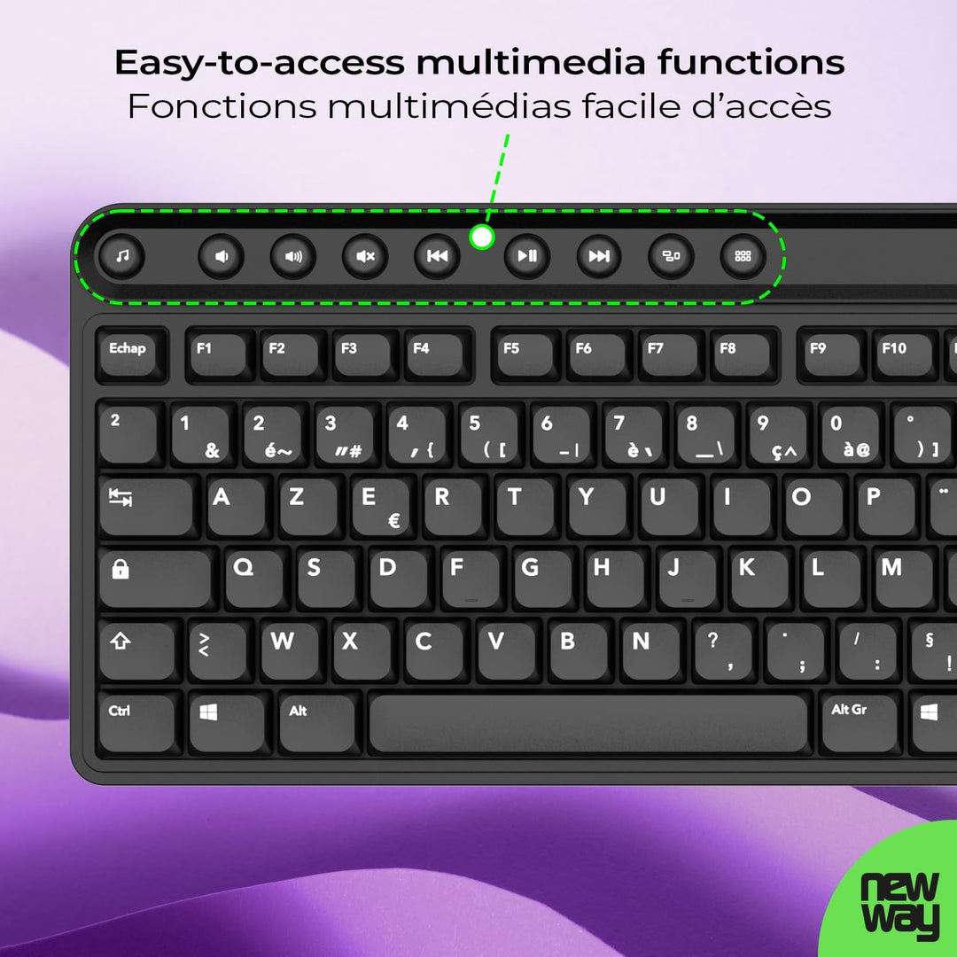 NEWWAY NKMP252 Kabellose Maus-Tastatur, 2,4 GHz, französisches AZERTY-Set, leiser Tipp, 14 Multimedi