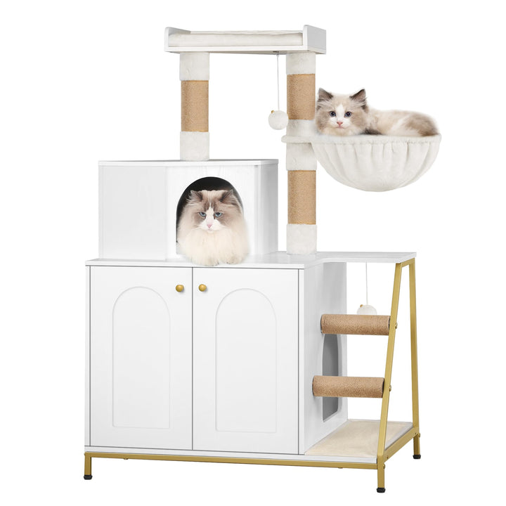 Hzuaneri Kratzbaum mit Katzenklo-Schrank, Katzenschrank, 4-in-1 Modernes Katzenhaus mit Grosser Plat