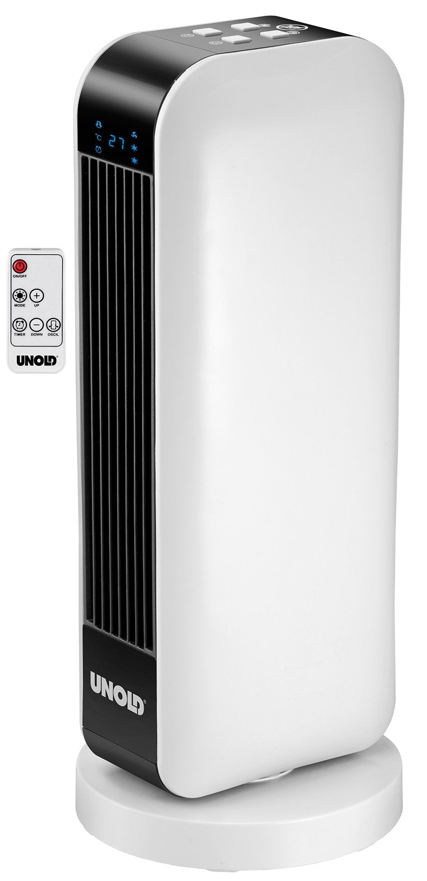 UNOLD 86430 Keramik-Heizlüfter Design, Fernbedienung mit Batterien, 2000 W, 230 V, Schwarz/Weiss