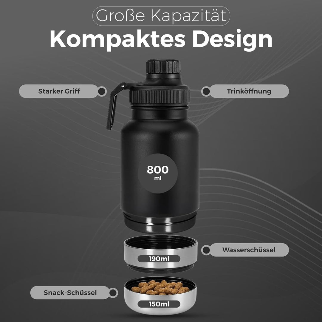 3-in-1 Trinkflasche Hunde für unterwegs – 800 ml Hundetrinkflasche für unterwegs aus Edelstahl – Hun