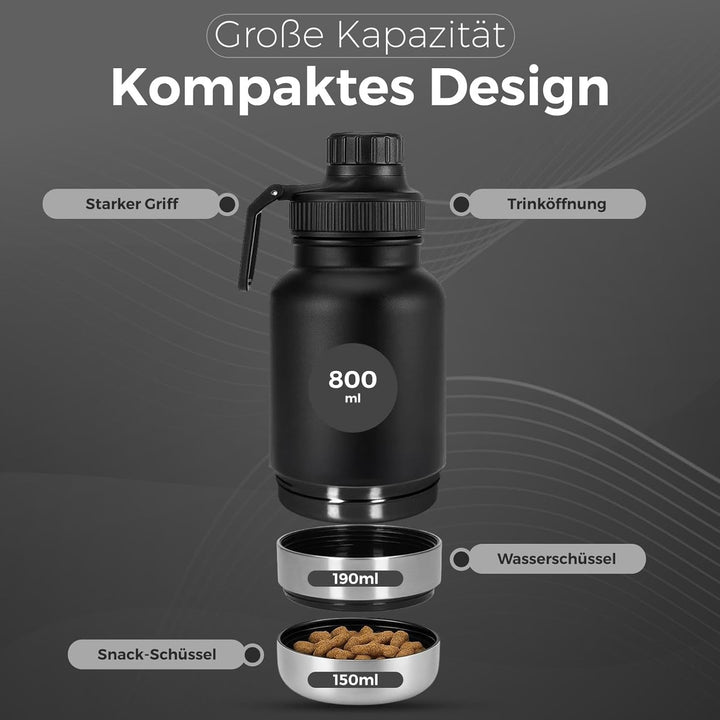 3-in-1 Trinkflasche Hunde für unterwegs – 800 ml Hundetrinkflasche für unterwegs aus Edelstahl – Hun
