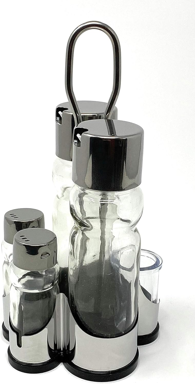 Menage Essig und Öl Spender Glas Salz Pfeffer Zahnstocher Set Edelstahl 250 Silber Glas Ölspender