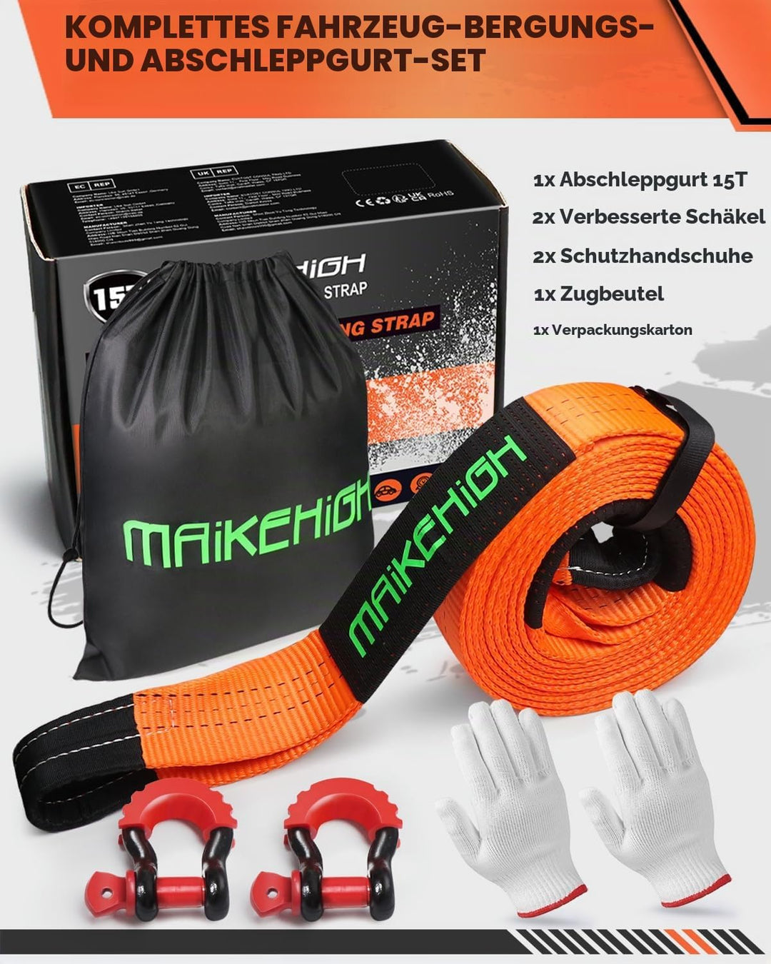 MAIKEHIGH Abschleppseil 15 Tonnen (33,700 Lbs), 6M x 6,7cm Abschleppgurt mit 2 Verbesserten Schäkeln