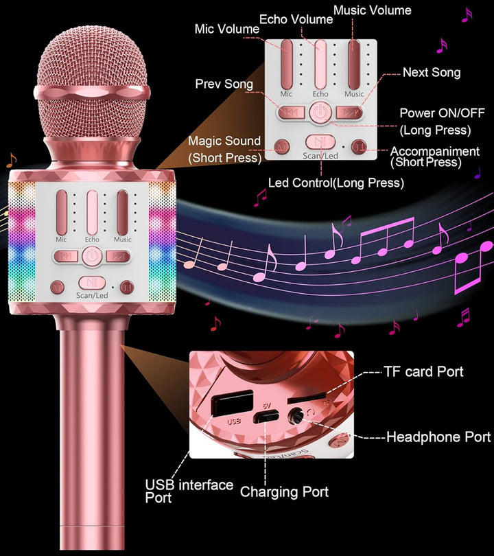 Karaoke Mikrofon, Drahtloses Bluetooth Mikrofon Kinder mit LED, Tragbares Karaoke Maschine zum Singe