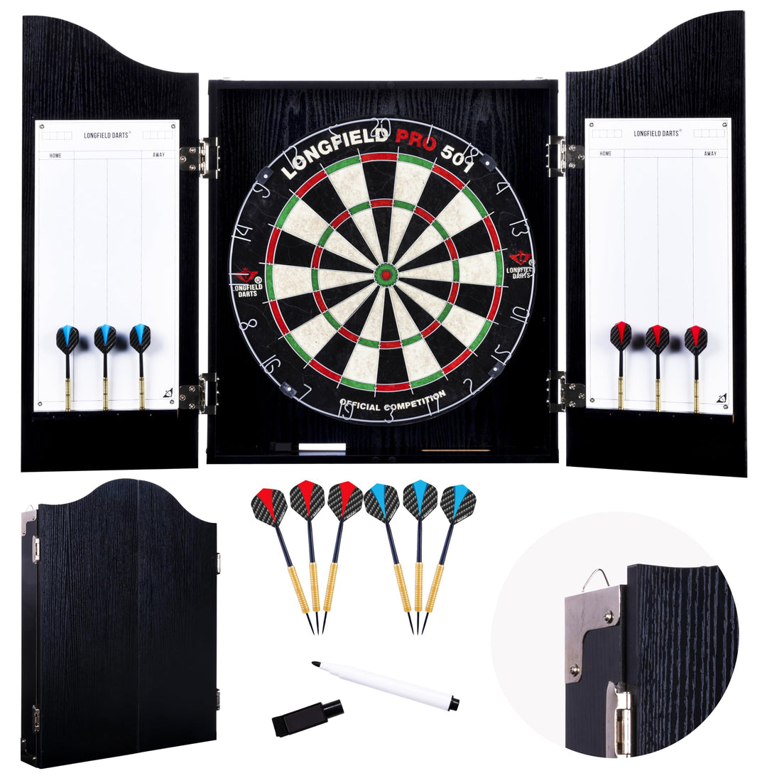 Engelhart Holz Dartschrank, sisal Dartscheibe, inbegriffen 6 Darts 18gr und Zubehör (Schwarz), Schwa
