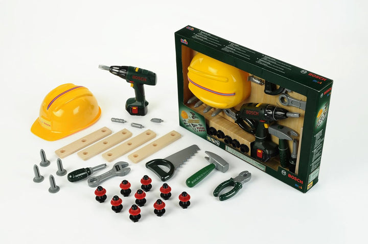 Theo Klein 8418 Bosch Handwerker-Set, 37-teilig I Kinder-Akkuschrauber mit Licht & Sound I Werkzeug