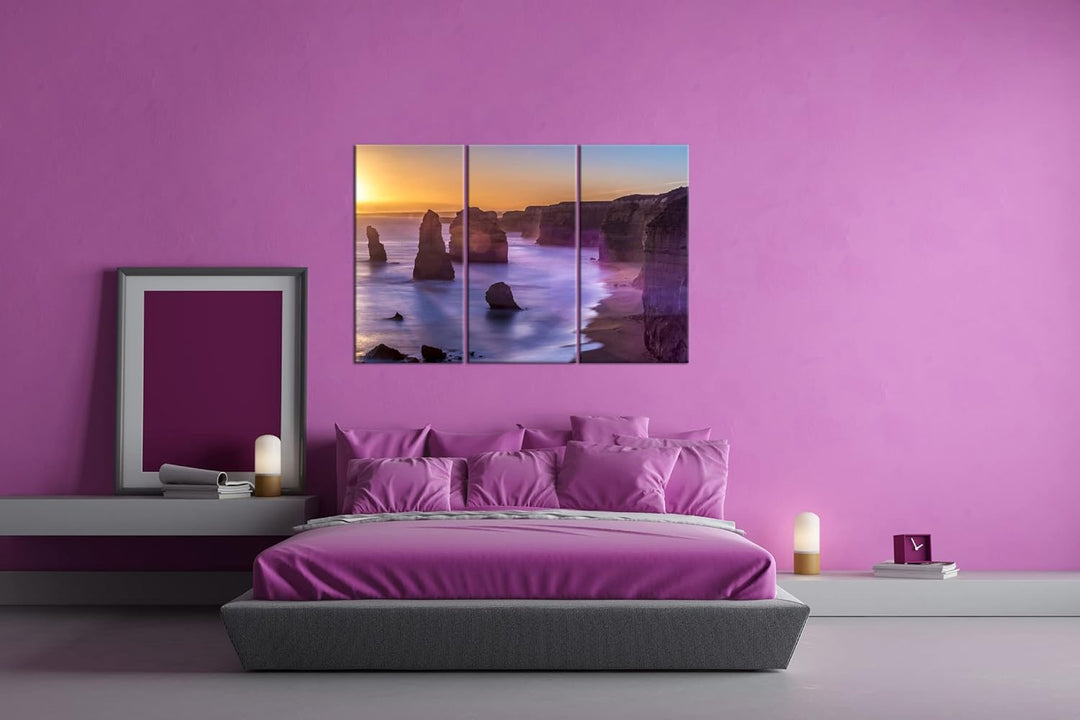 deyoli Atemberaubender Sandstrand im Sonnenuntergang Format: 3-teilig 120x80 als Leinwand, Motiv fer