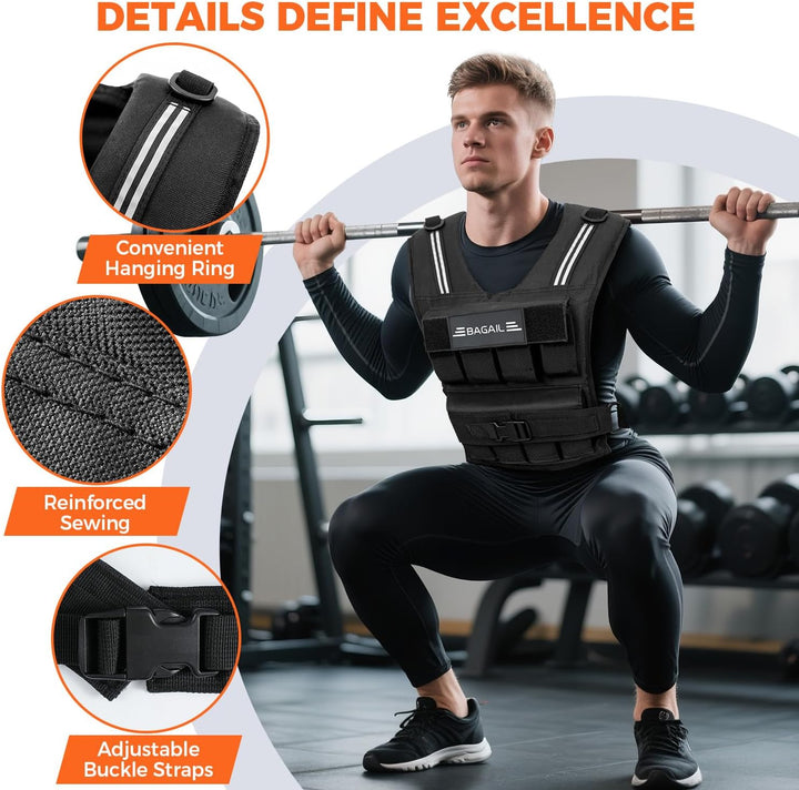 BAGAIL Gewichtsweste für Krafttraining, abnehmbare Eisenplatten, verstellbare Brustgrösse, Hochleist