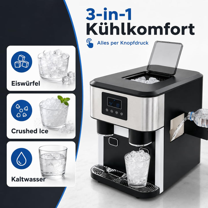 3-in-1 Eismaschine Wasserspender Eiswürfel &amp; Eiscrusher LCD 7-9 Min 16 Eis | 16 Kugel-Eis pro Zyklus