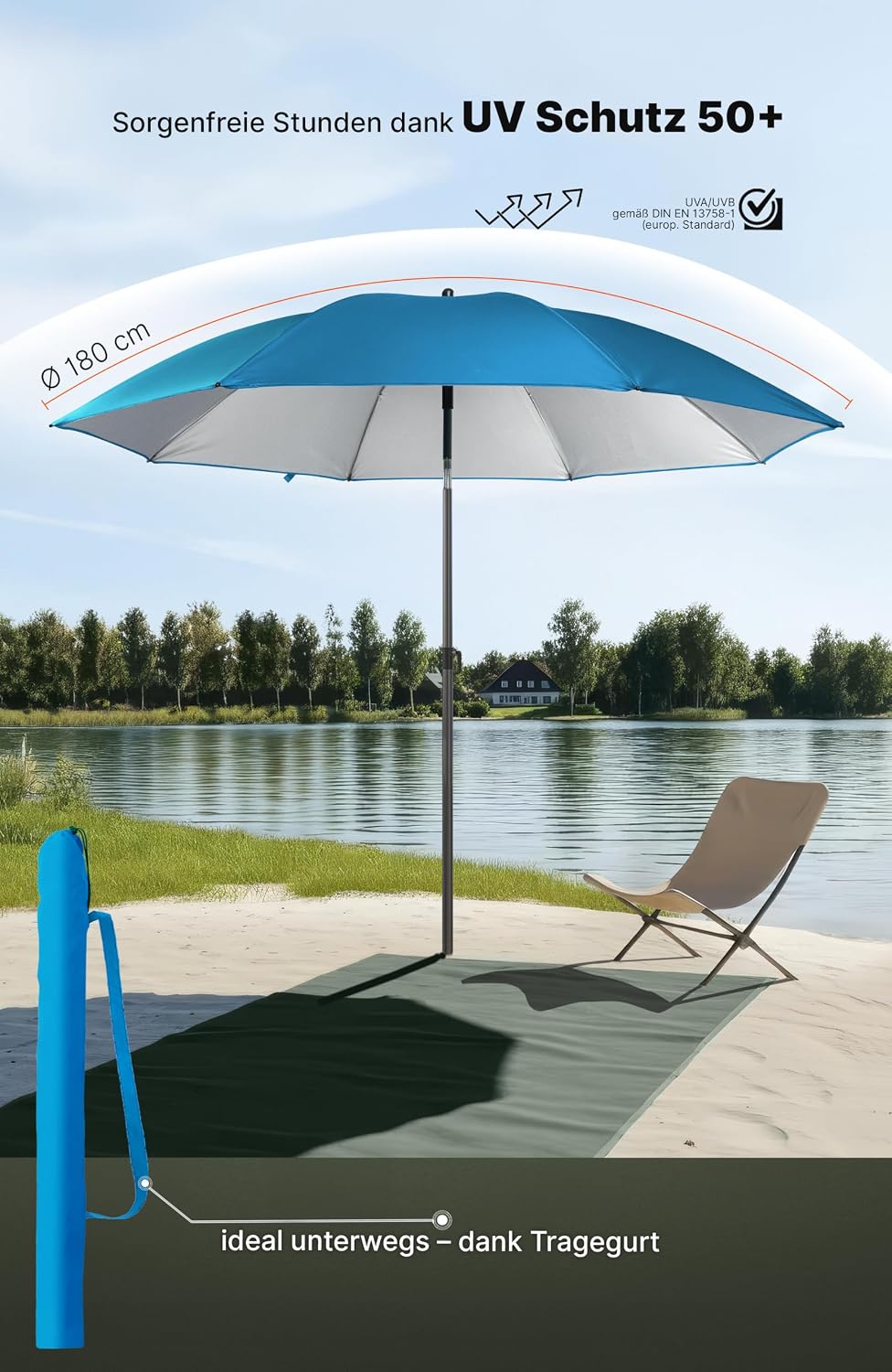 4smile Sonnenschirm Strand SunnyJoy - UPF 50+ Strandschirm Ø 180 cm, sicherer Sonnenschutz Strand, S