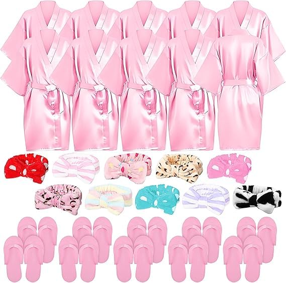 30 Stück Spa-Party-Set für Mädchen 10 Kimono-Bademäntel mit V-Ausschnitt, 10 weiche Spa-Stirnbänder,
