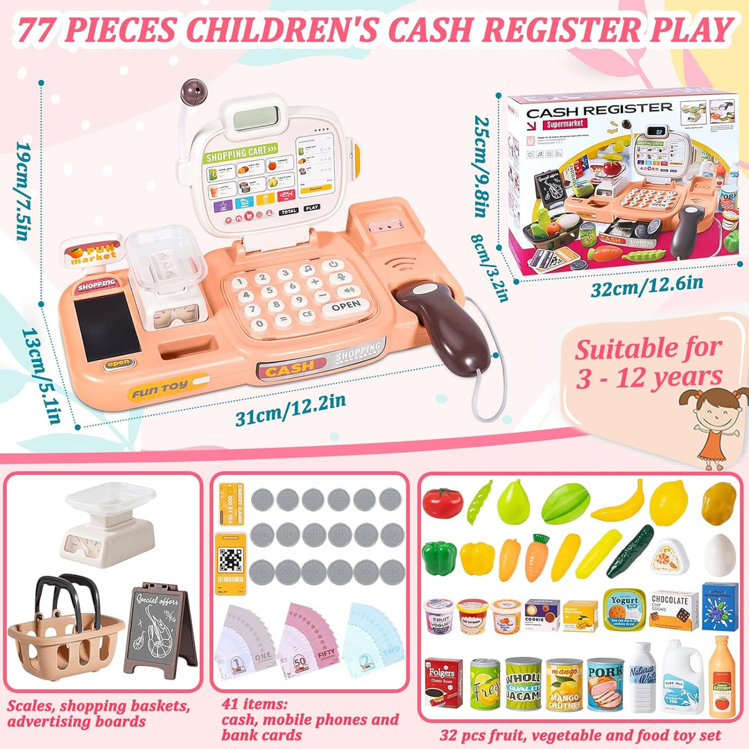 Kinder Spielkasse mit Scanner und Sound, Kaufladen-Spielzeugkasse, 72 Zubehör (Rechner, POS, Spielge
