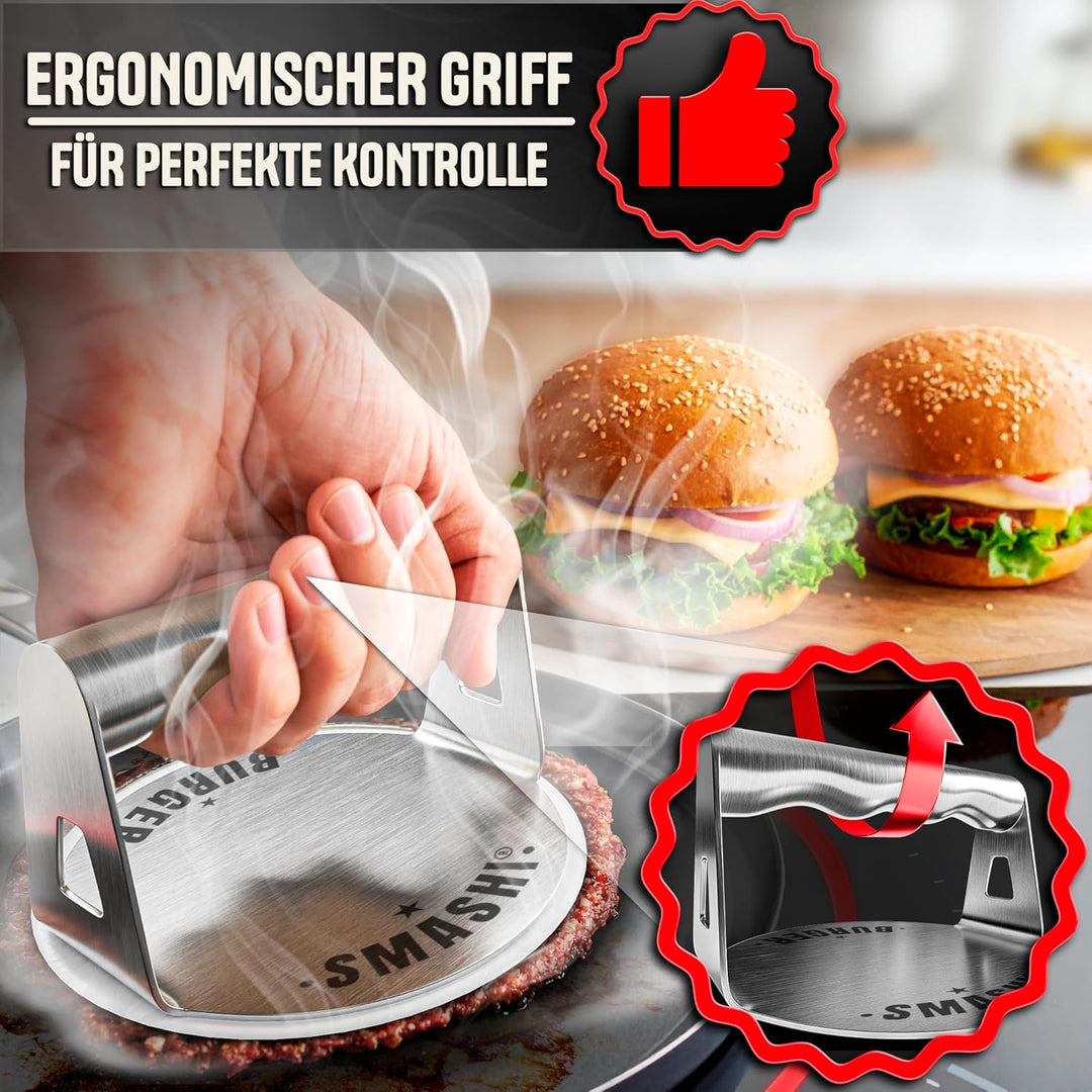 SMASHI® Smash Burger Set aus Edelstahl 304 – Professionelles Set mit Antihaft-Presse, Grillspachtel