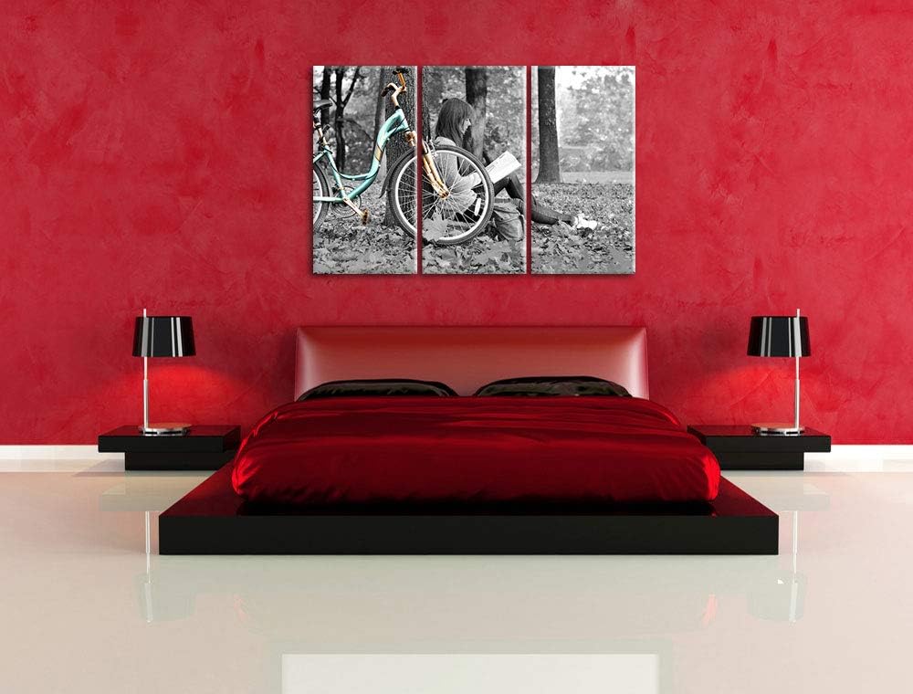 Pixxprint Junges Mädchen mit Fahrrad als Leinwandbild | Grösse: 3 Teilig (120x80) | Wandbild| Kunstd